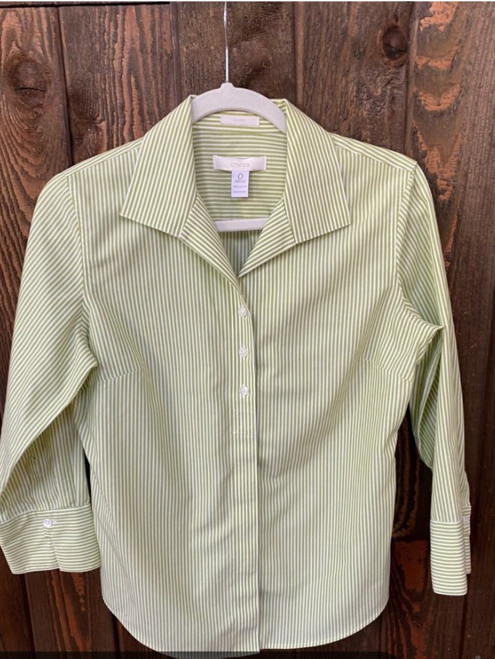 CHICOS No Iron White & Lime Green Stretch Striped Button Up Shirt 8 NWOT - Picture 5 of 11